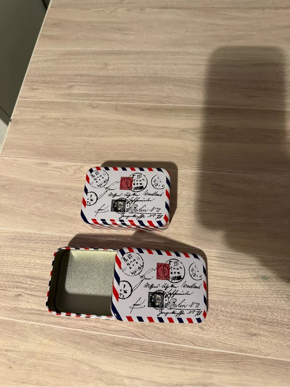 Airmail Pattern Metal Trinket Tin - Red, White, Blue